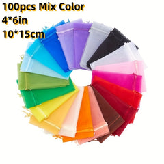 100pcs Mixed Organza Gift Bags Drawstring Party Favor Candy Packaging Bag