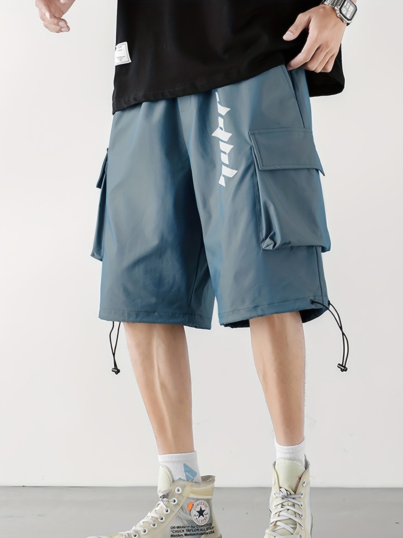 Letter Print Cargo Shorts Men's Casual Pocket Loose Fit Cargo Shorts