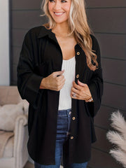  Solid Ribbed Button Up Long Sleeve Blouse