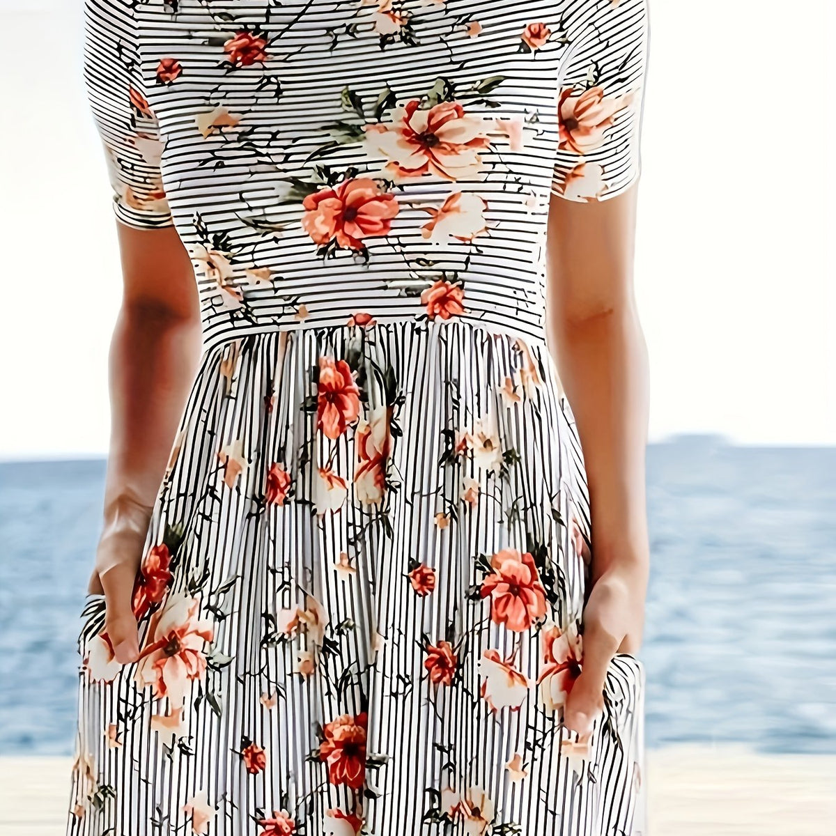Women's Plus Stripe & Floral Print Maxi Dress