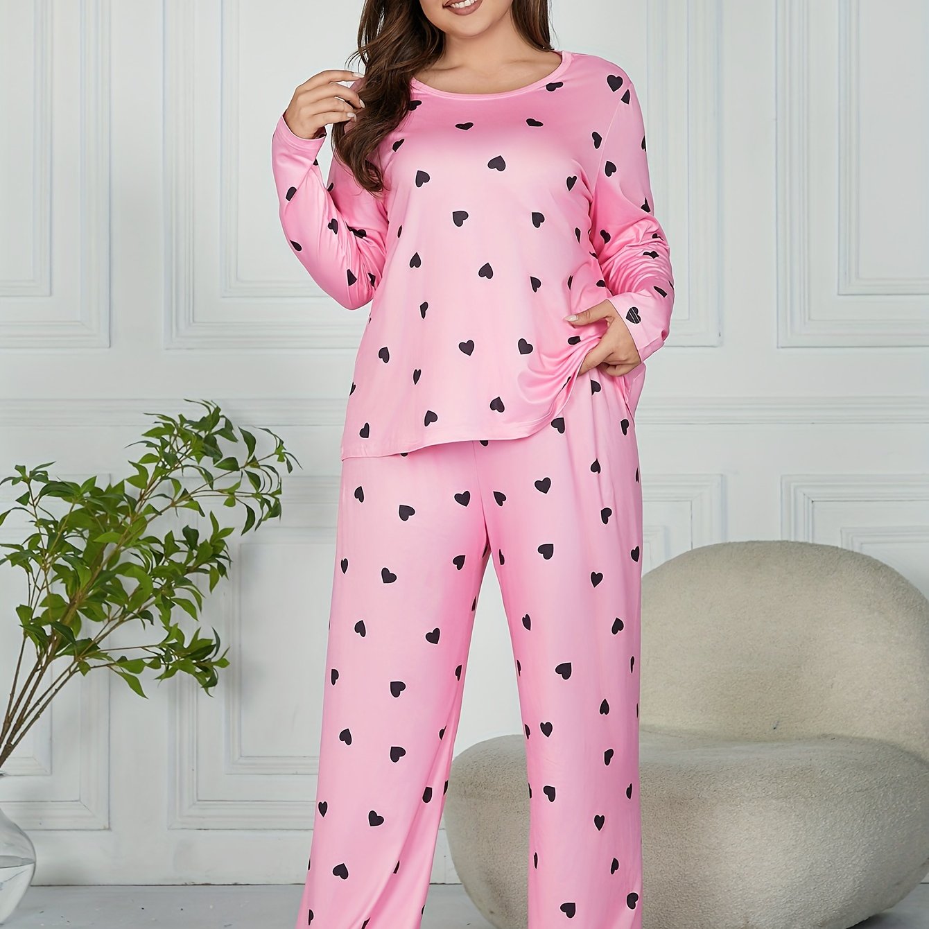  Heart Print Long Sleeve Tee & Pants Pajamas Set