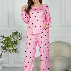  Heart Print Long Sleeve Tee & Pants Pajamas Set