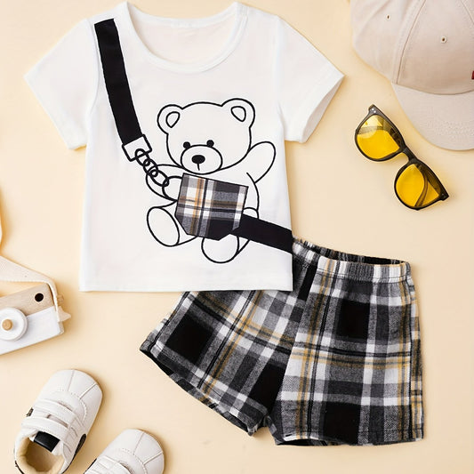 Baby Boys Bear & Bag Graphic T shirt Plaid Shorts Set