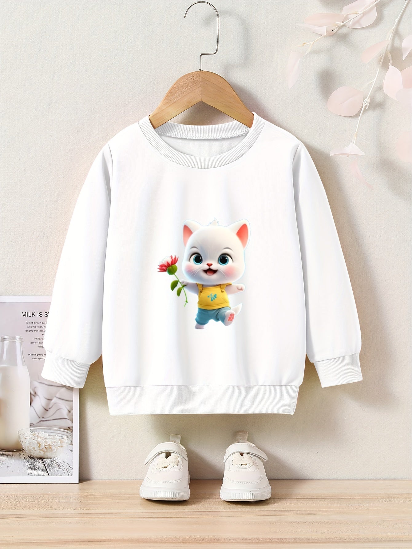 Cute Cat Print Girls Pullover Sweatshirt for Fall Winter