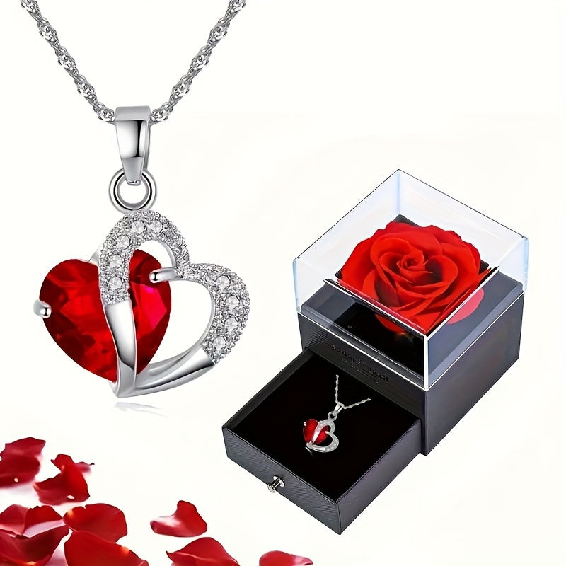 Red Heart Pendant Necklace with Red Rose Romantic Jewelry for Women
