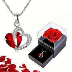Red Heart Pendant Necklace with Red Rose Romantic Jewelry for Women