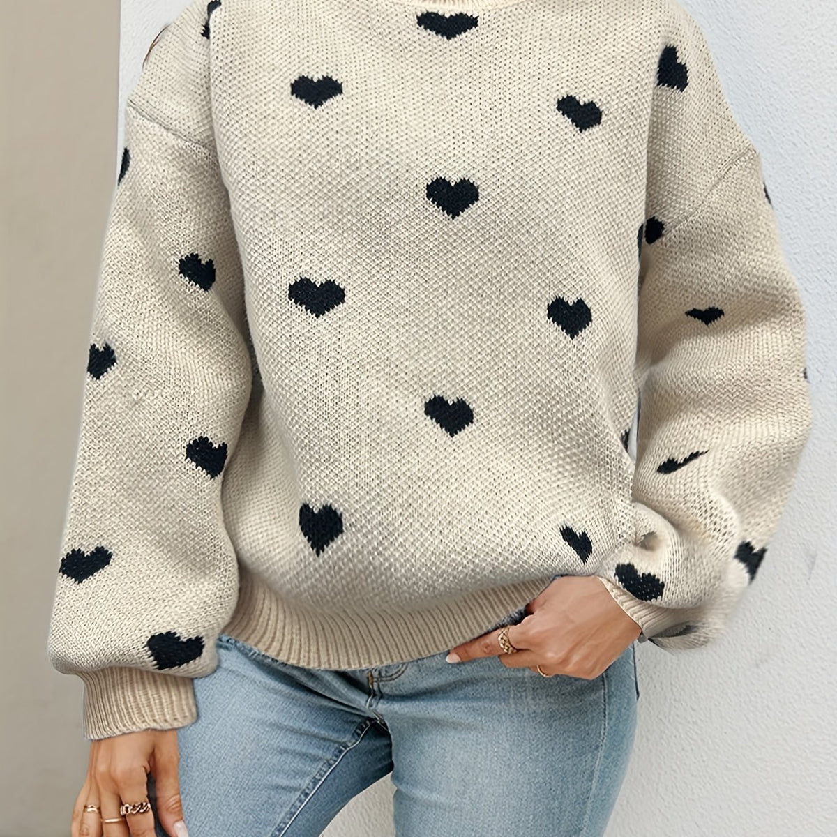 Heart Pattern Mock Neck Pullover Sweater for Fall & Winter