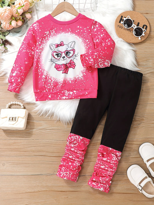 Girl's Cat Pattern 2pcs Sweatshirt & Pants Set Casual Outfits For Spring Fall