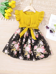 Floral Ruffle Trim Princess Dress For Party Kids Summer