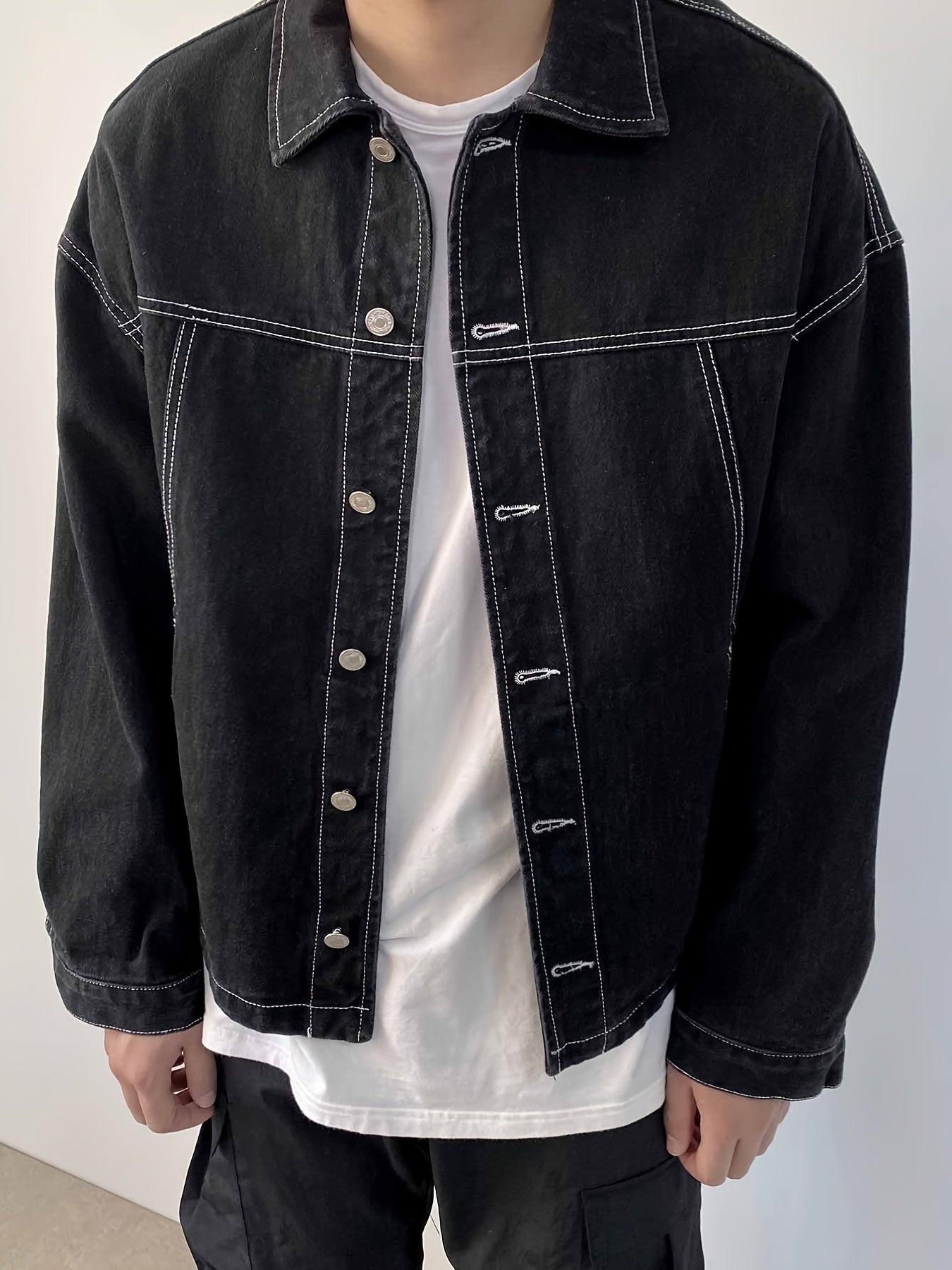 Contrast Stitch Denim Jacket Men's Street Style Button Up Denim Jacket