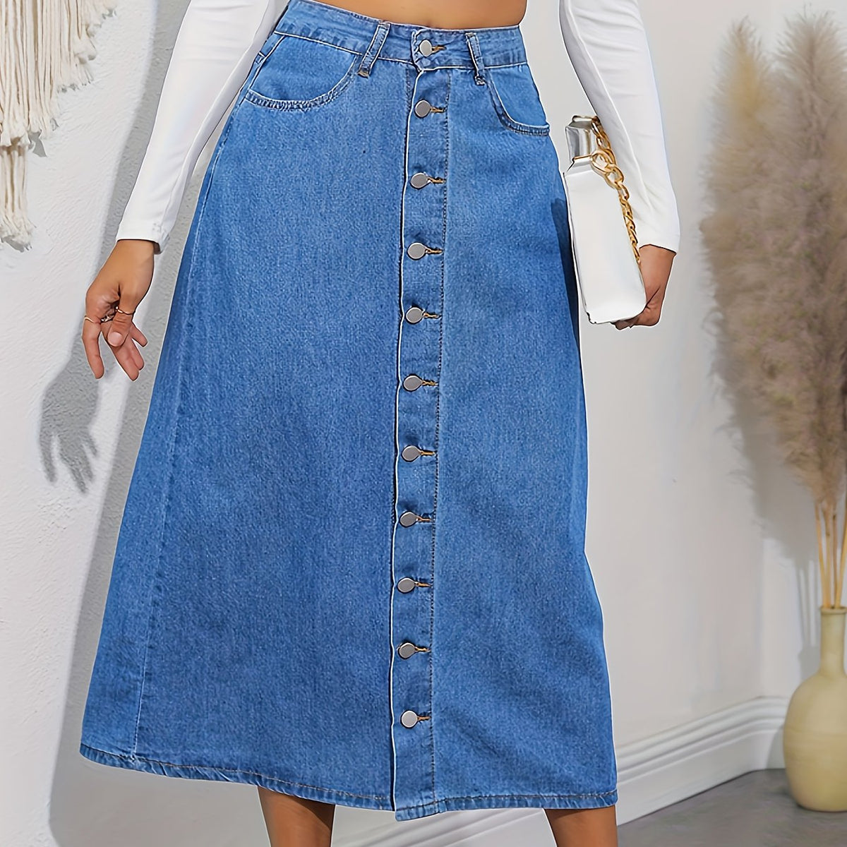 Denim Maxi Skirt Button Front Women's Clothing