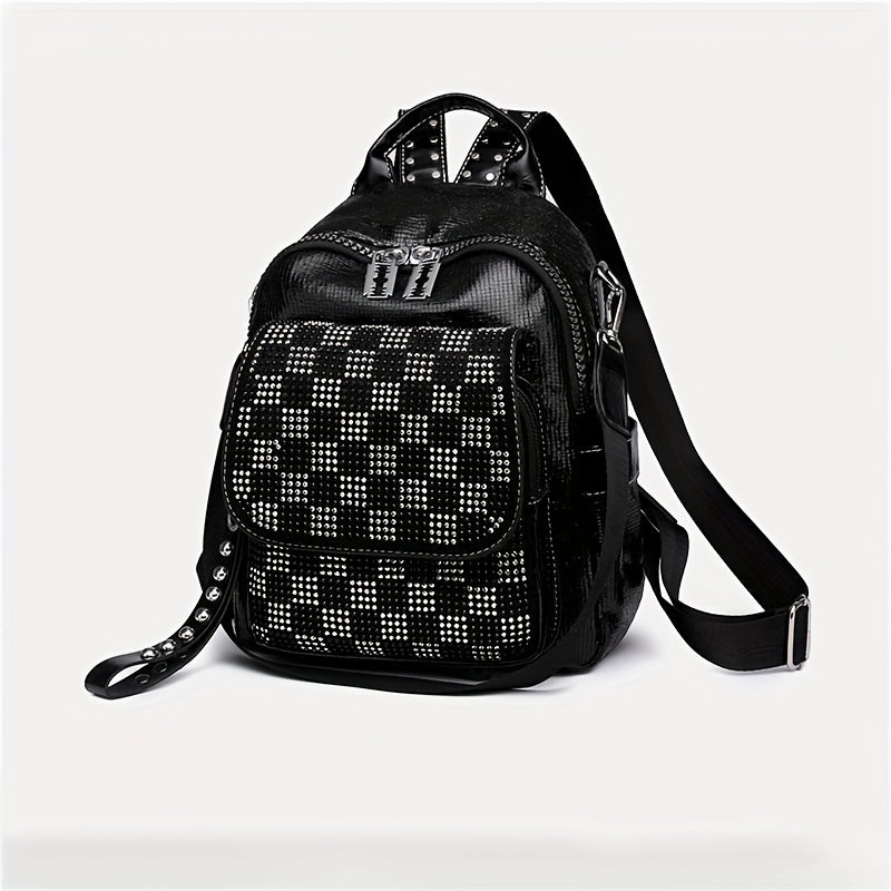 Sequins Backpack Purses Checkered Rhinestone Daypack Glitter Shoulder Bag