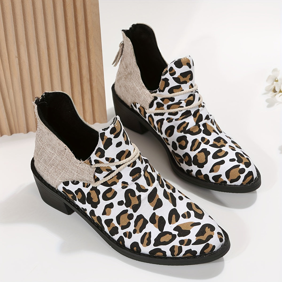 Leopard Print Ankle Boots Pointed Toe Chunky Boots