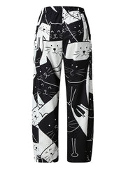  Cartoon Cat Print Wide Leg Pants