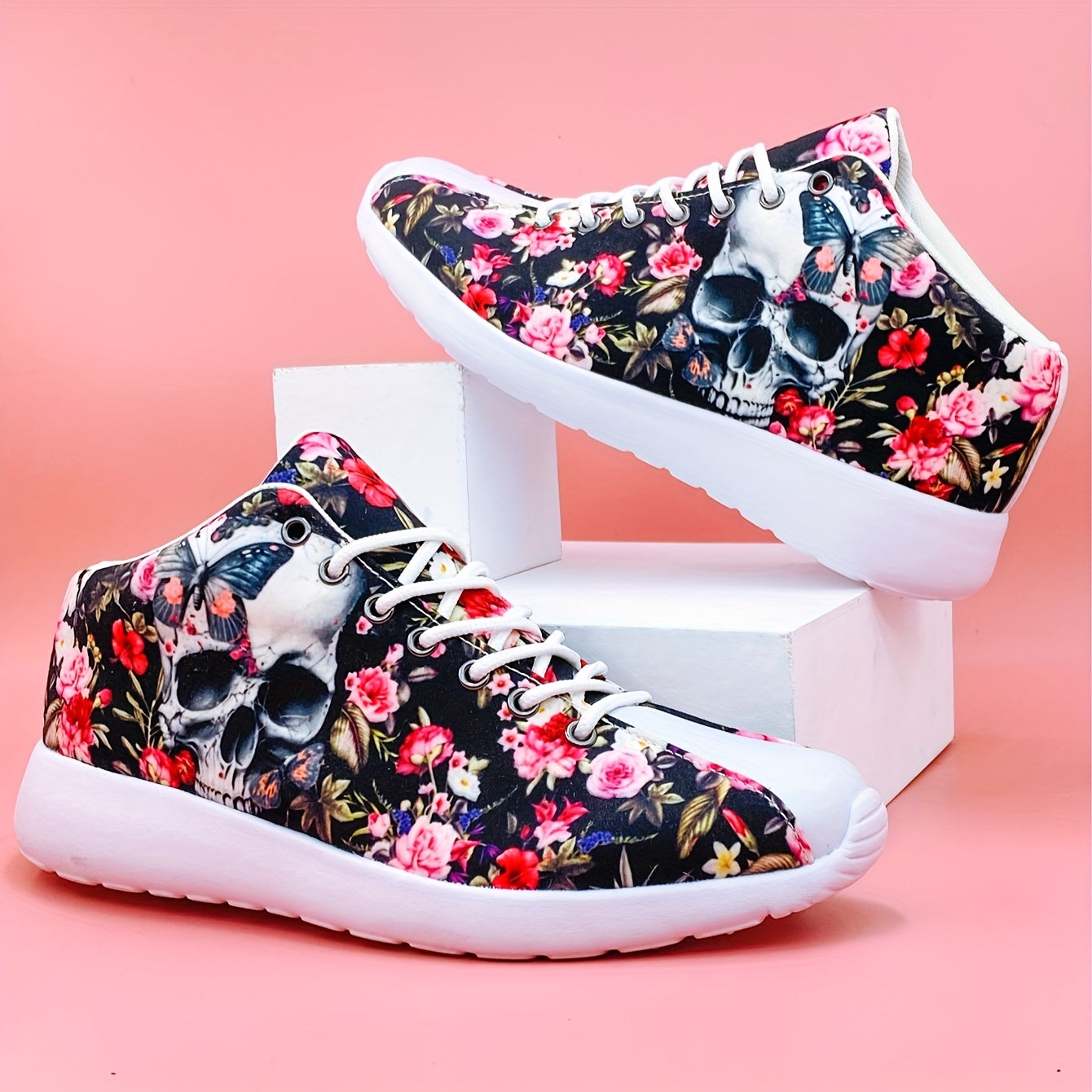 Halloween Flower & Skull High Top Running Shoes Lightweight Breathable Sneakers
