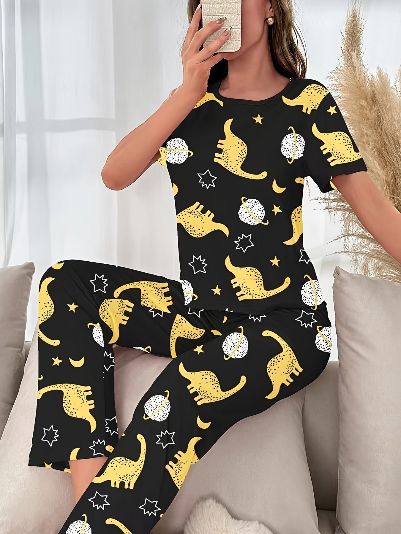 Dinosaur Print Pajama Set Short Sleeve Crew Neck Top & Elastic Waistband Pants