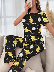 Dinosaur Print Pajama Set Short Sleeve Crew Neck Top & Elastic Waistband Pants