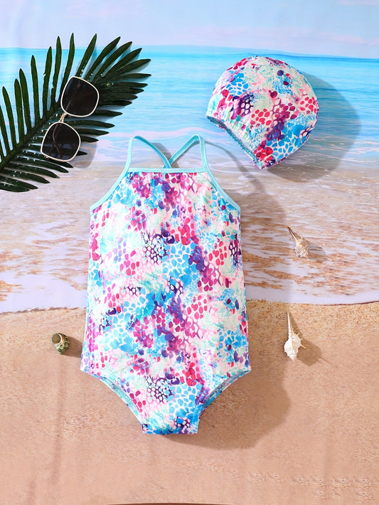 Girls Tie Dye Print One Piece Swimsuit Strappy Back Swimwear