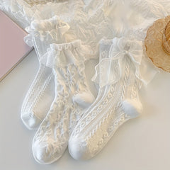 6 Pairs Lace Trim Textured Socks Women's Mid Tube Stockings