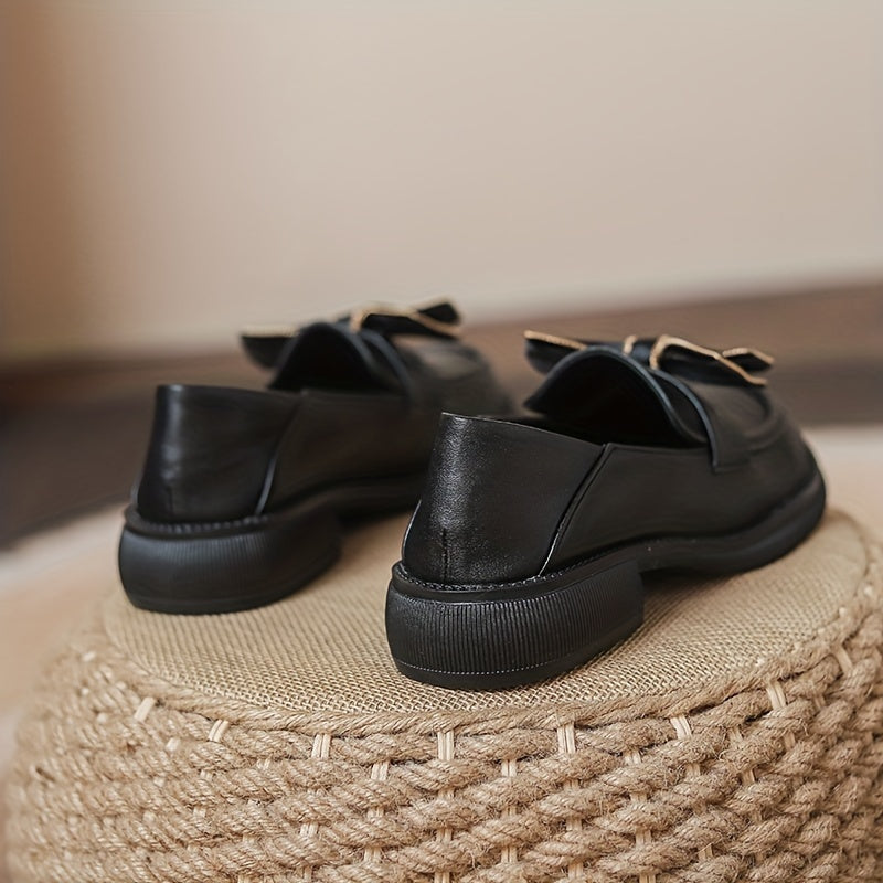 Women's Chunky Heel Loafers with Bowknot Detail