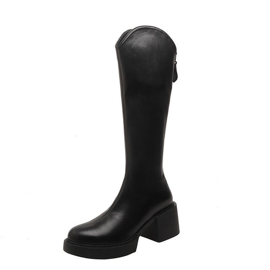 Knee High Block Heel Boots Zip Round Toe