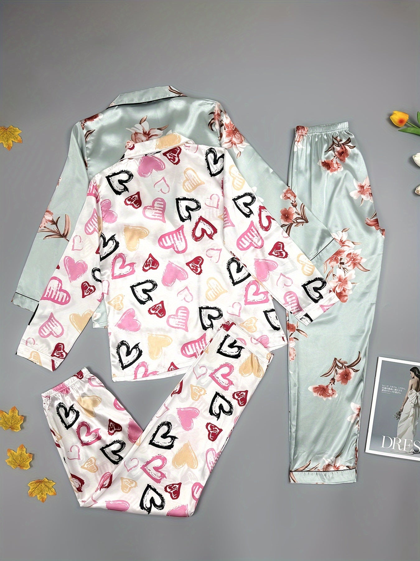 Heart & Floral Print Pajama Set Long Sleeve Buttons Top & Elastic Waistba