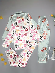 Heart & Floral Print Pajama Set Long Sleeve Buttons Top & Elastic Waistba
