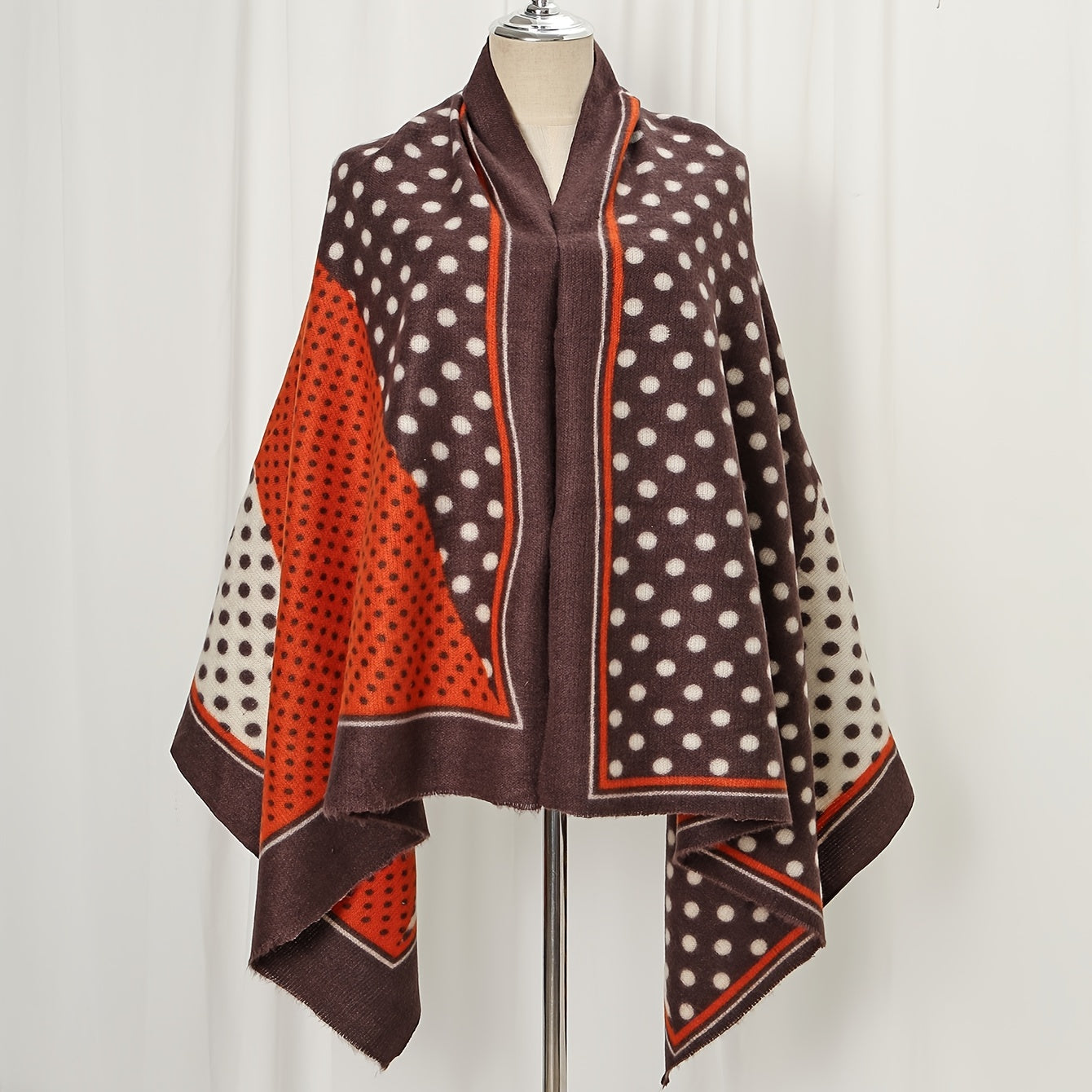Polka Dot Geometric Warm Scarf Frayed Trim Cashmere Shawl