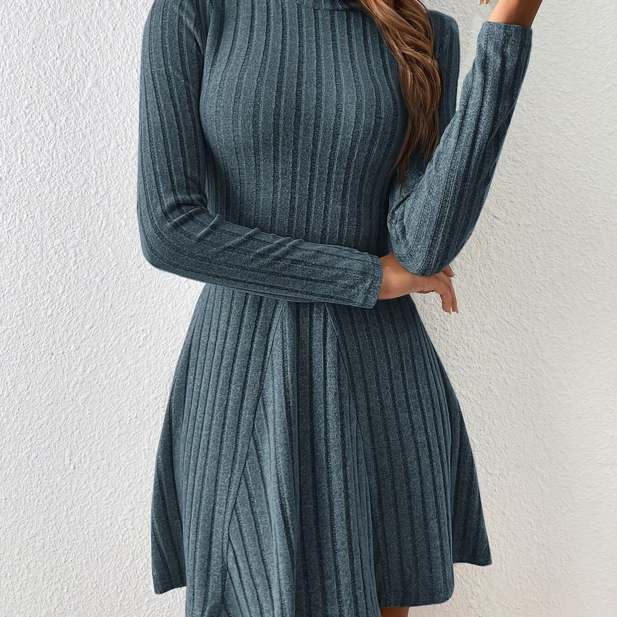 Solid Ribbed Dress Casual Mock Neck Long Sleeve Dress Women's Clothing