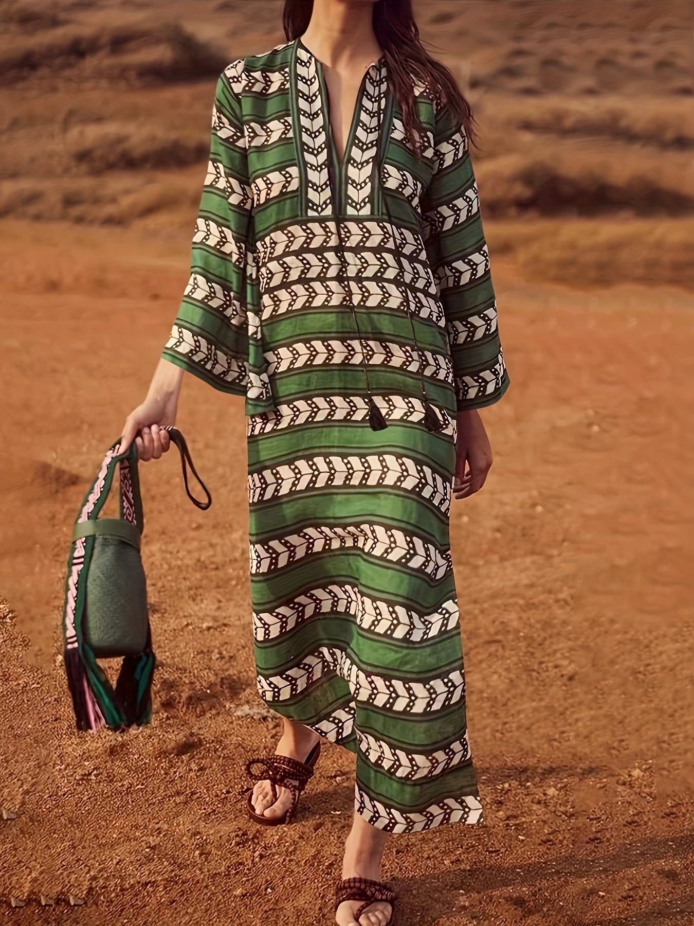 Geometric Print Tassel Trim V Neck Maxi Dress