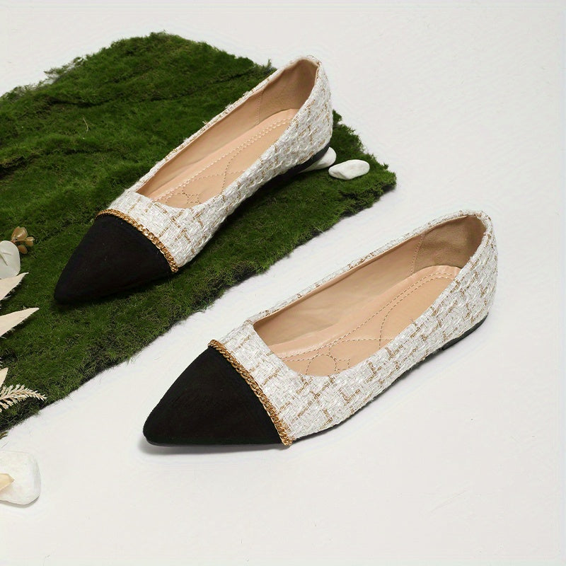 Women's Pointed Toe Flat Shoes Cap Toe Tweed Slip On Soft Sole Office Work Flats