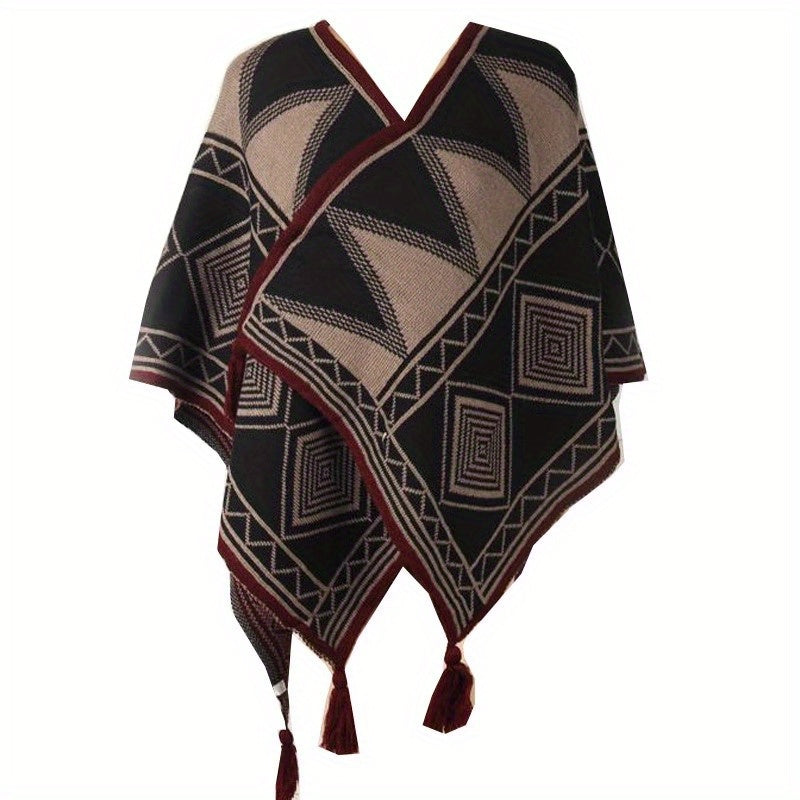 Geometric Pattern Shawl Large Warm Tassel Shawl Wrap