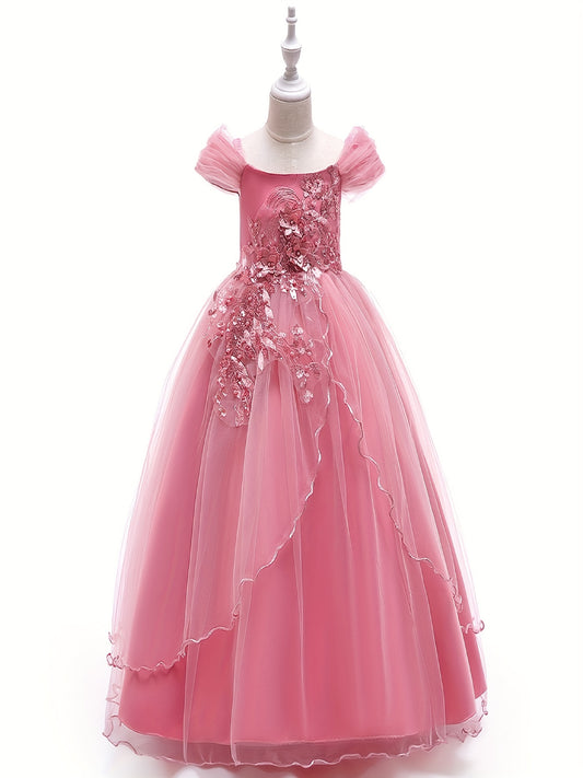 Girls Puffy Princess Dress Sequin Bead Flowers Embroidery Mesh Tutu