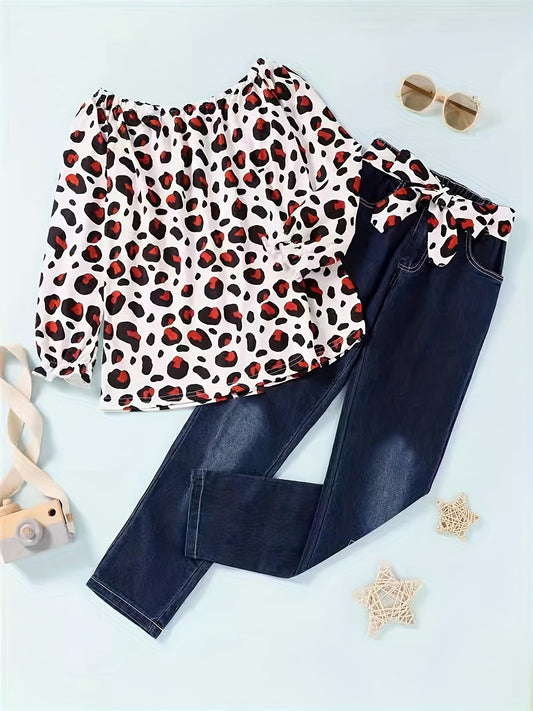 Girls Leopard Off The Shoulder Top & Ripped Jeans Set