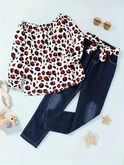 Girls Leopard Off The Shoulder Top & Ripped Jeans Set