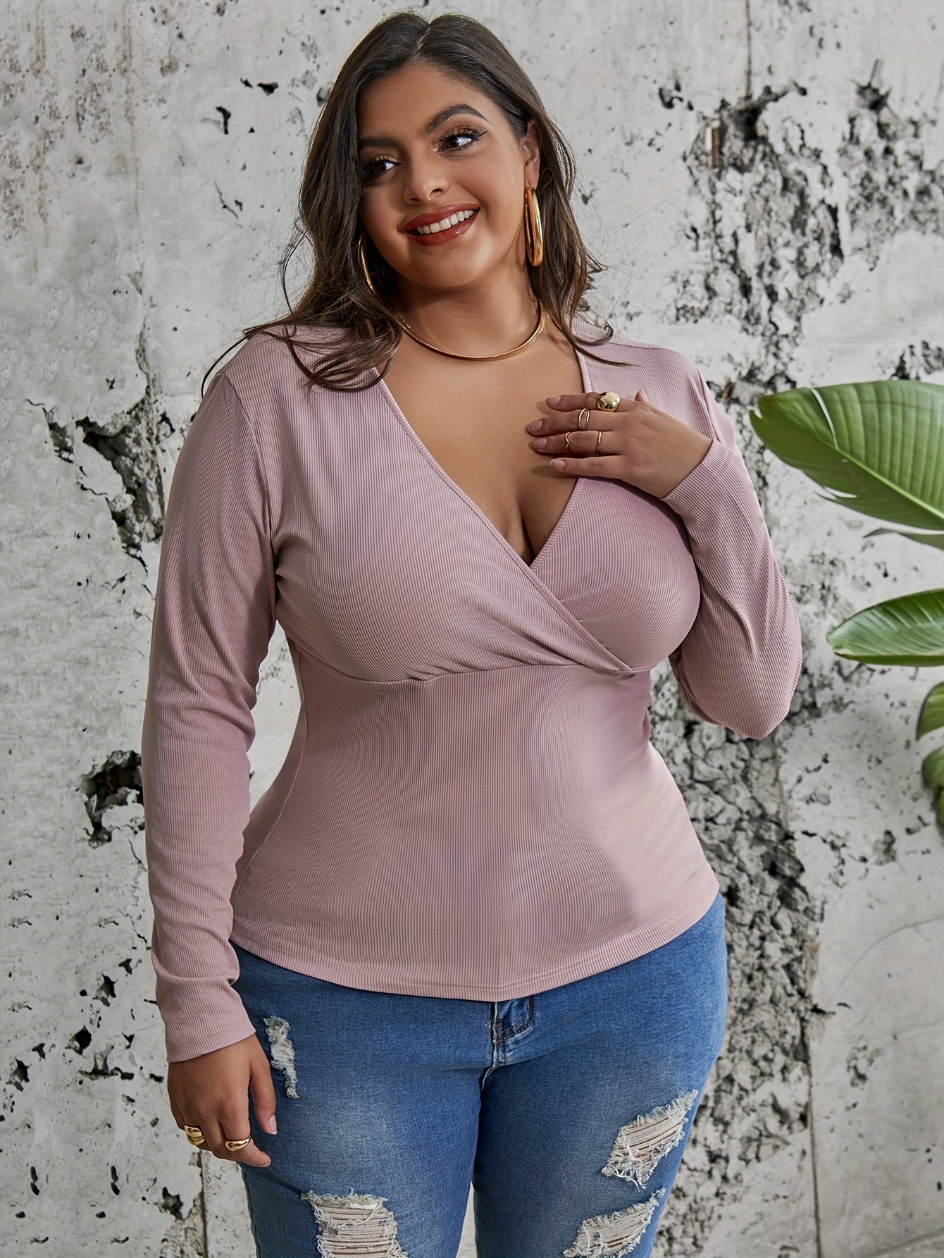 Solid Ribbed Long Sleeve Knit Top