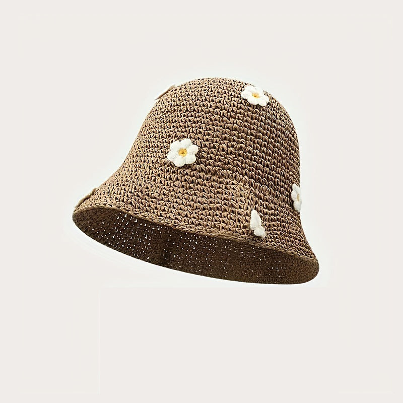 Flower Decor Bucket Hat Solid Sun Hats Hollow Crochet Cloche Hat