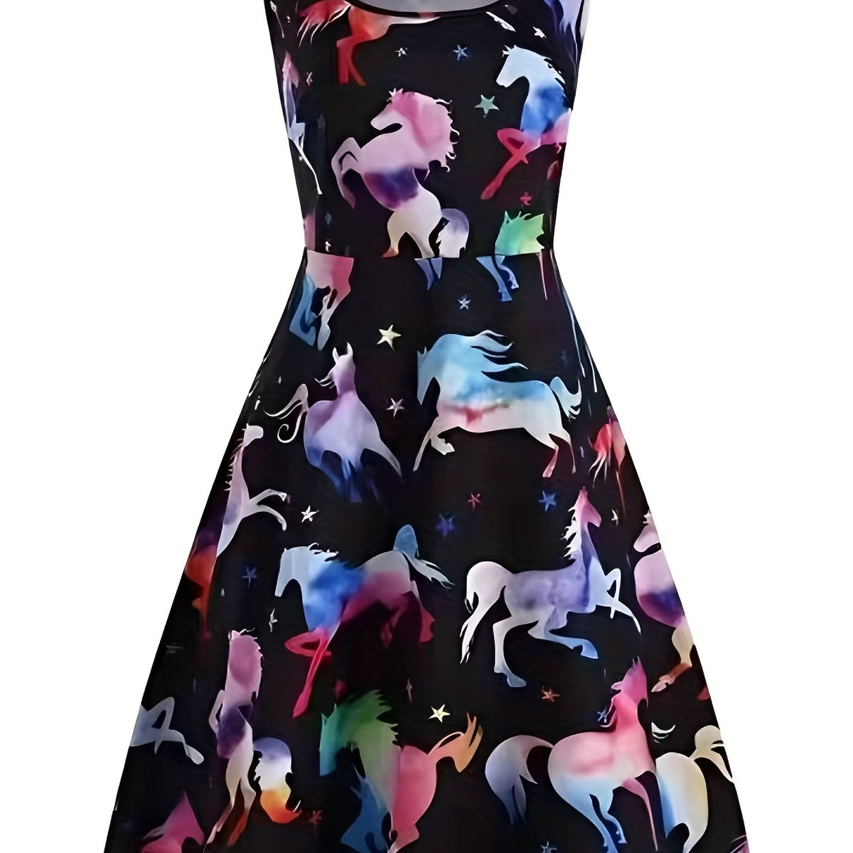  Tank Dress Ombre Horse & Star Print Round Neck A line
