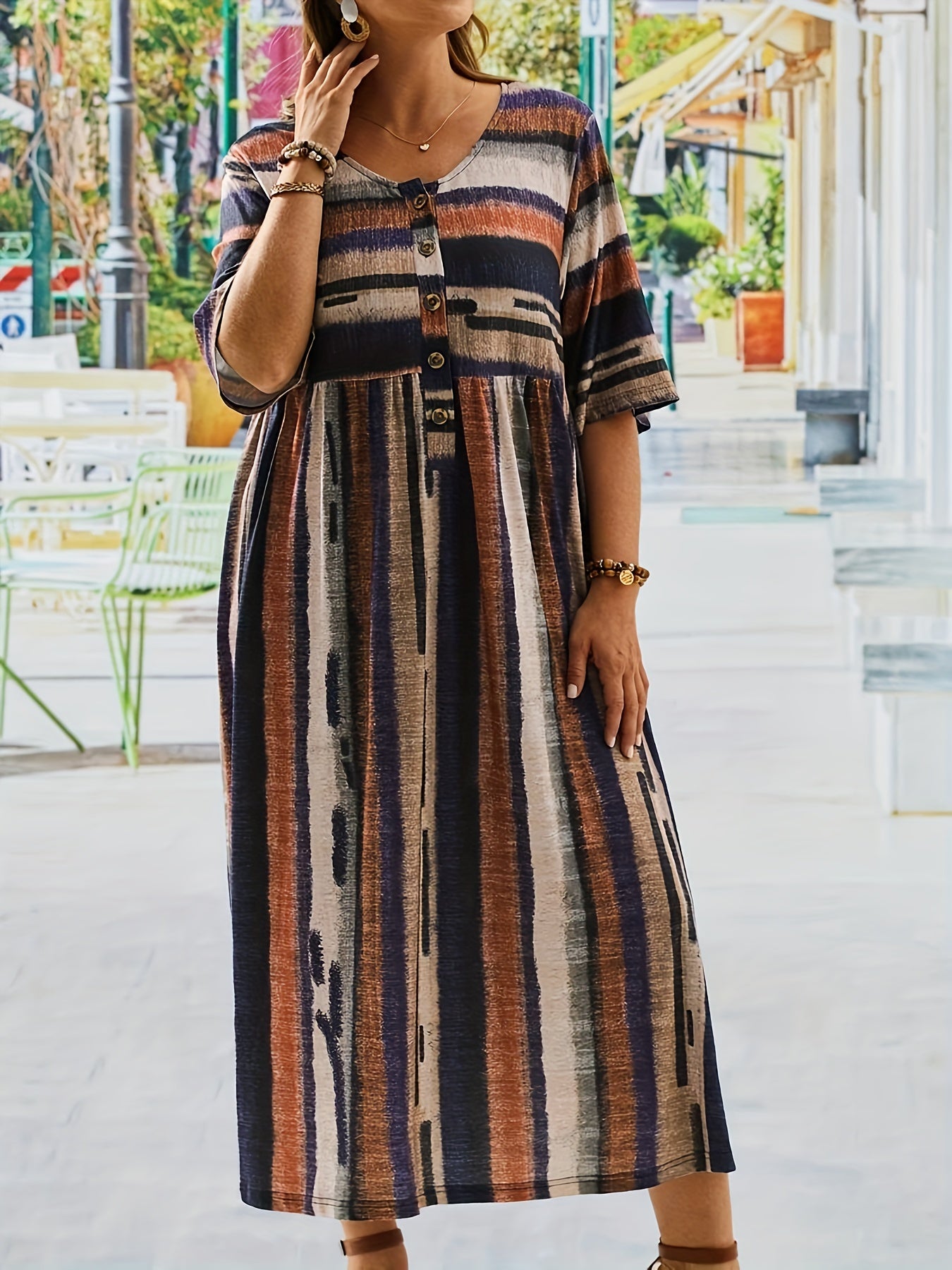 Women's Plus Stripe Print Button Decor Casual Dress