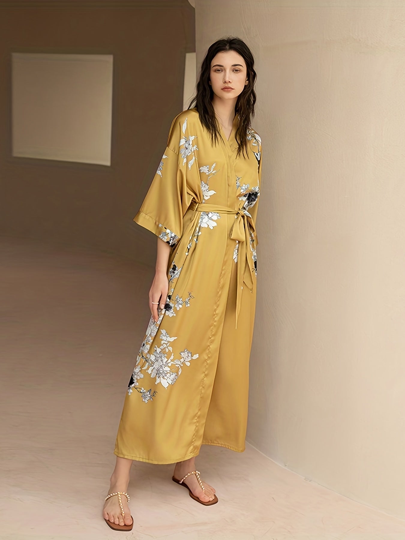  Satin Floral Print Nightgown V-Neck Sleepwear Robe with Belt