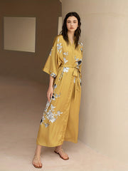  Satin Floral Print Nightgown V-Neck Sleepwear Robe with Belt