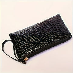 Crocodile Embossed Faux Leather Clutch with Wrist Strap