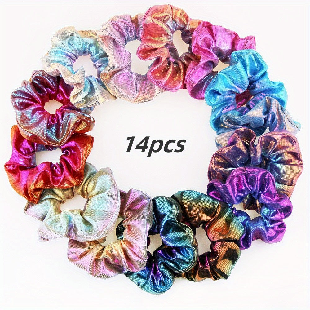 14pcs Holographic Scrunchies Hair Tie Y2K Gradient Laser Hair Rope Bracelet
