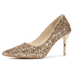 Women's Sequins Pointed Toe High Heels Glitter Slip On Wedding High Heels