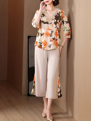 Floral Print Two piece Set Lace V neck Blouse & Wide leg Pants Outfit
