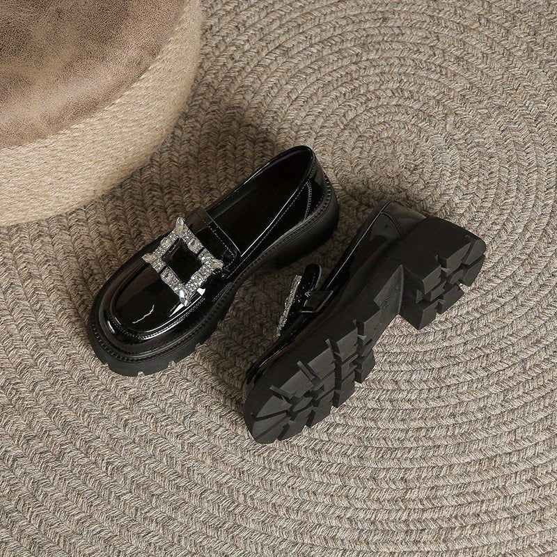 Chunky Heel Loafers Rhinestone Slip On Platform Shoes
