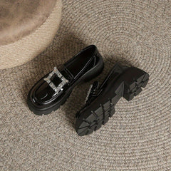 Chunky Heel Loafers Rhinestone Slip On Platform Shoes