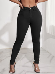  Solid Button Fly Skinny Jeans