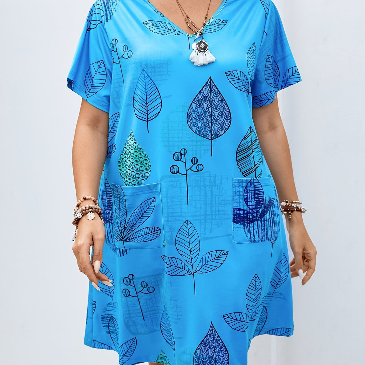  Leaf Print Short Sleeve V Neck Dress