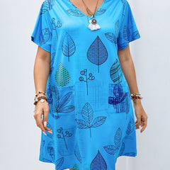  Leaf Print Short Sleeve V Neck Dress